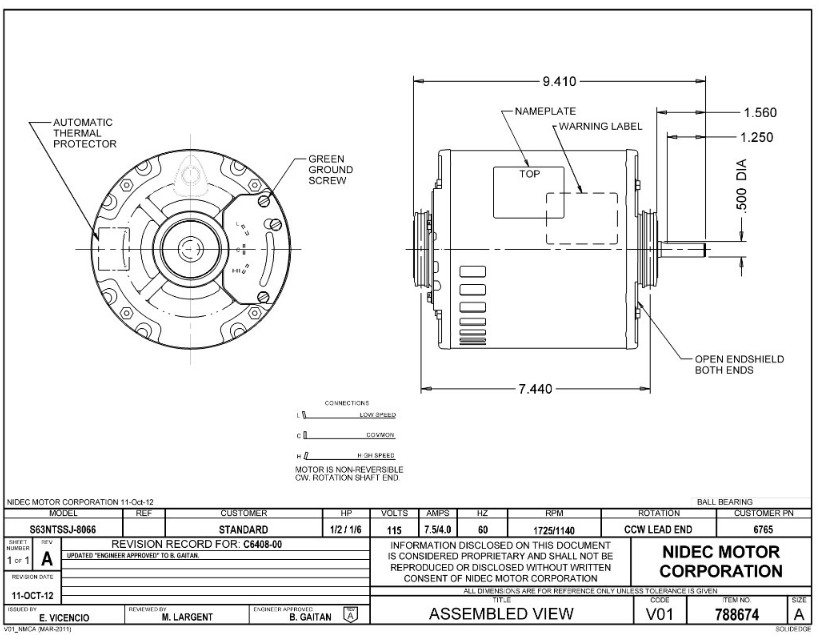 6765 Nidec | 1/2 hp 1725/1140 RPM 2-Speed 115V; 6.5″ Blower Motor
