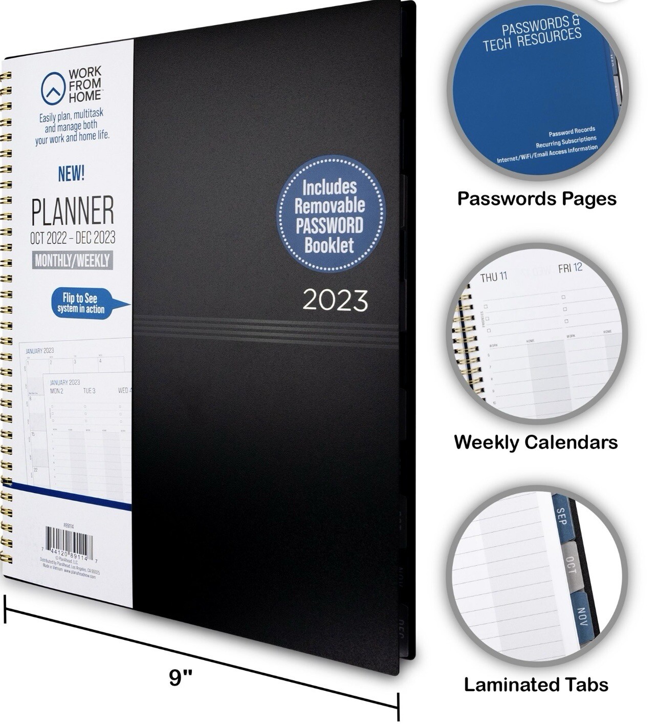 Work From Home Monthly/Weekly Planner Oct 2022 – Dec 2023 ( 11.125”x 9”) Black