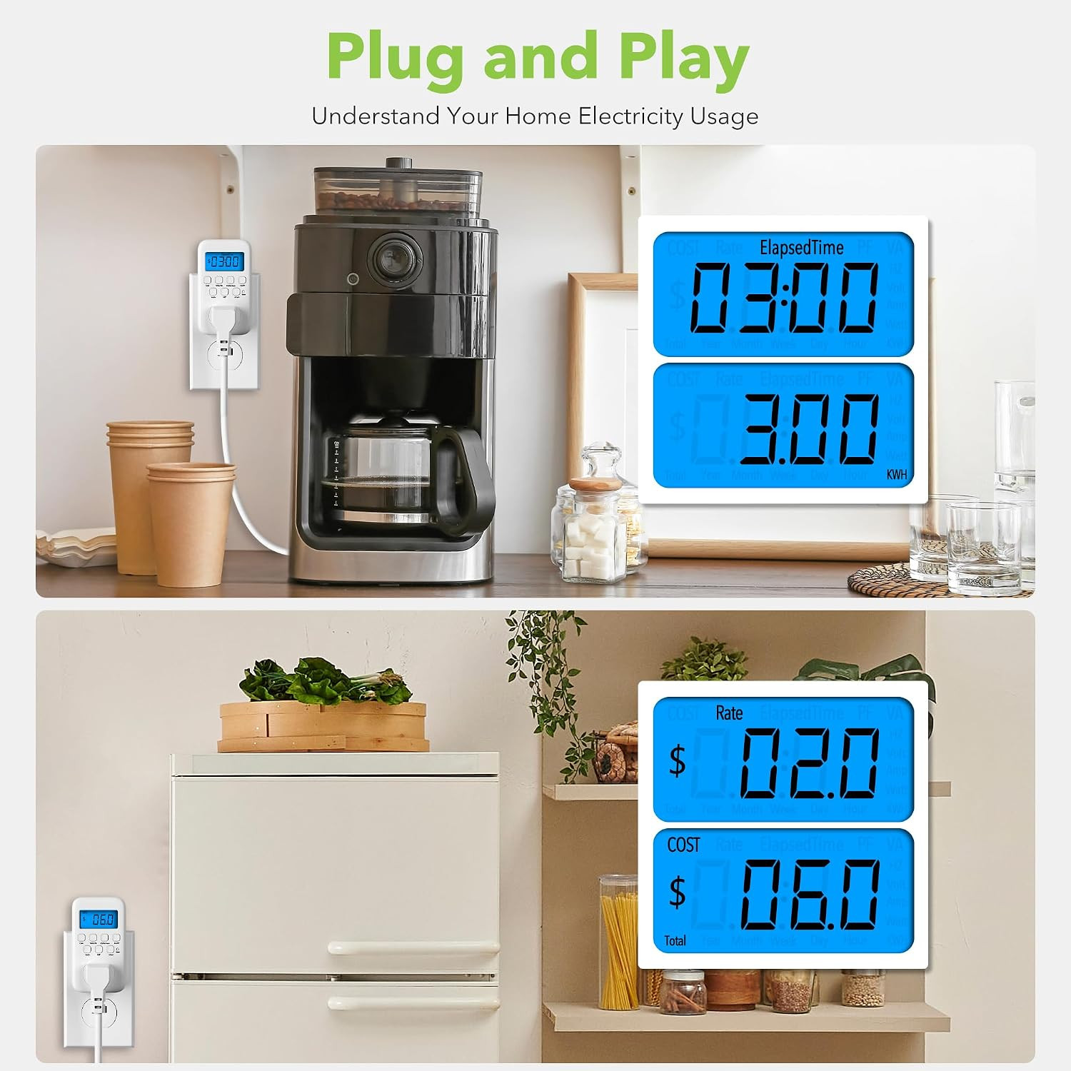 Watt Meter Plug with Backlight, Plug-In Socket Power Meter Electricity