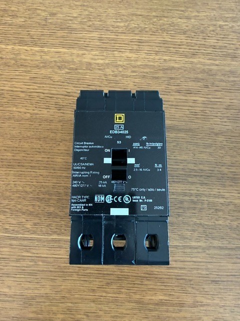Square D EDB34025 Circuit Breaker 3 Pole 25 Amp 480/277VAC 3P 25A Bolt On
