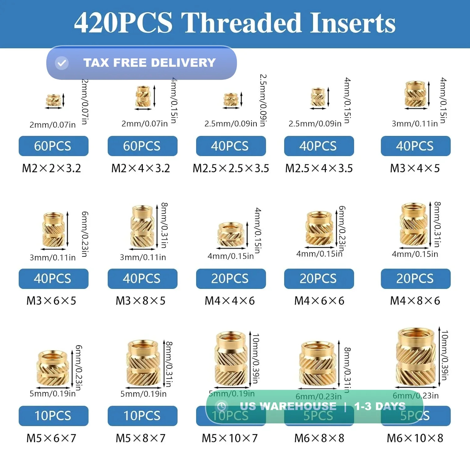 420 Pcs Threaded Inserts, M2 M2.5 M3 M4 M5 M6 Brass Heat Set Inserts for Plastic