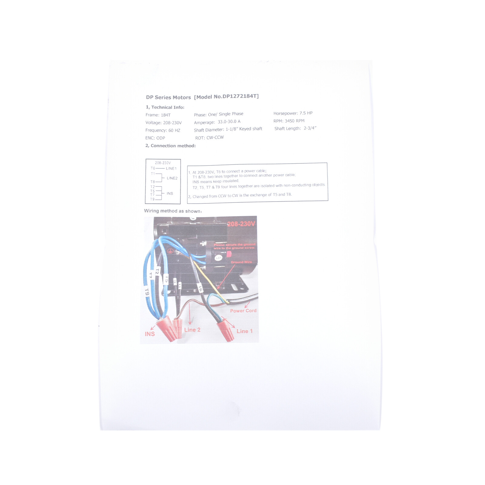 Electric Motor for Air Compressor 7.5HP 230V 31.6A 3450RPM 184T Frame CW/CCW
