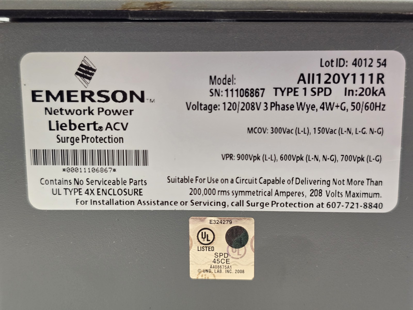 Emerson AII120Y111R ACV Surge Protective Device 3PH 120/208V 20kA Type 1 SPD 4X