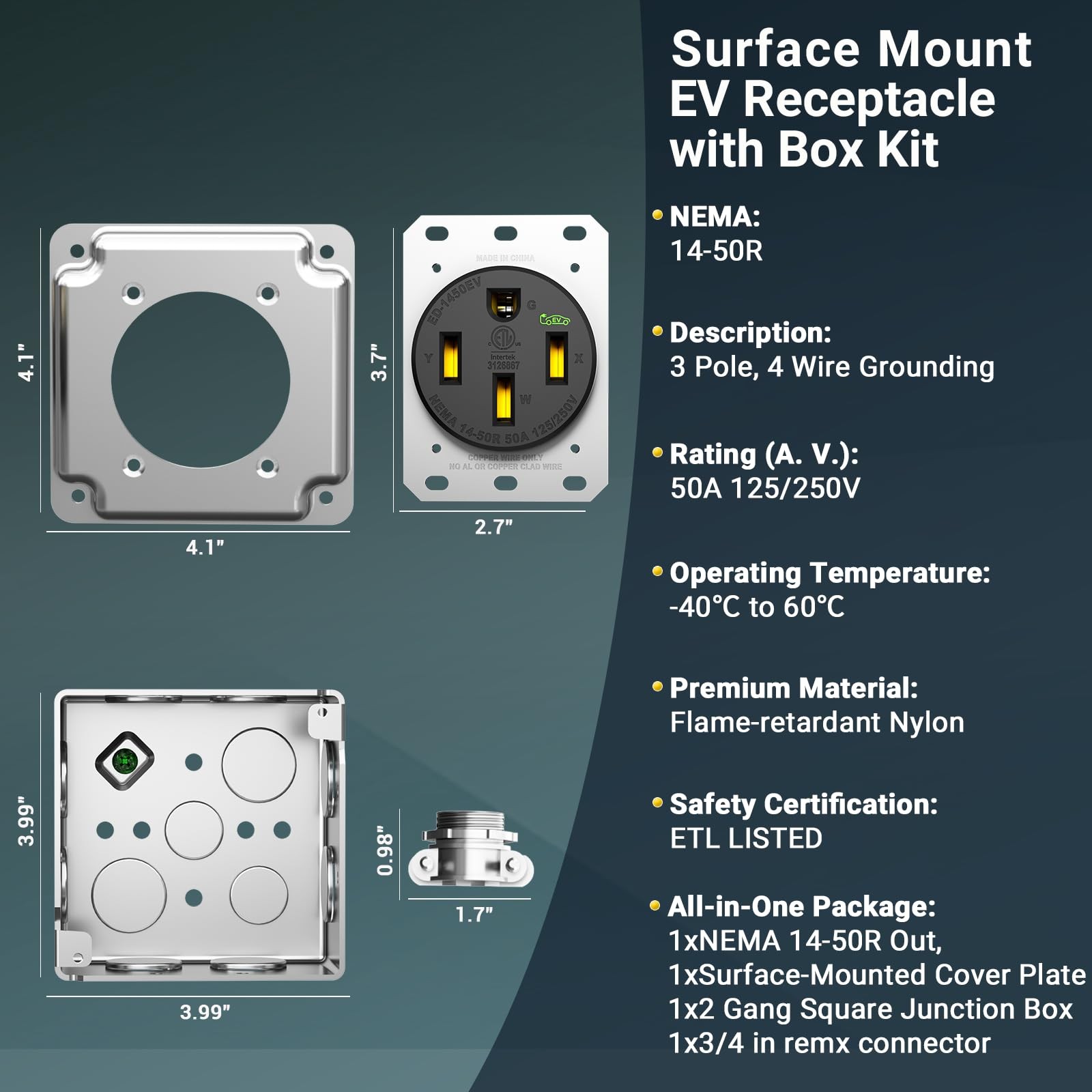 EPLESFTON Nema 14-50 EV Outlet with Surface Mount Box Mount, Black