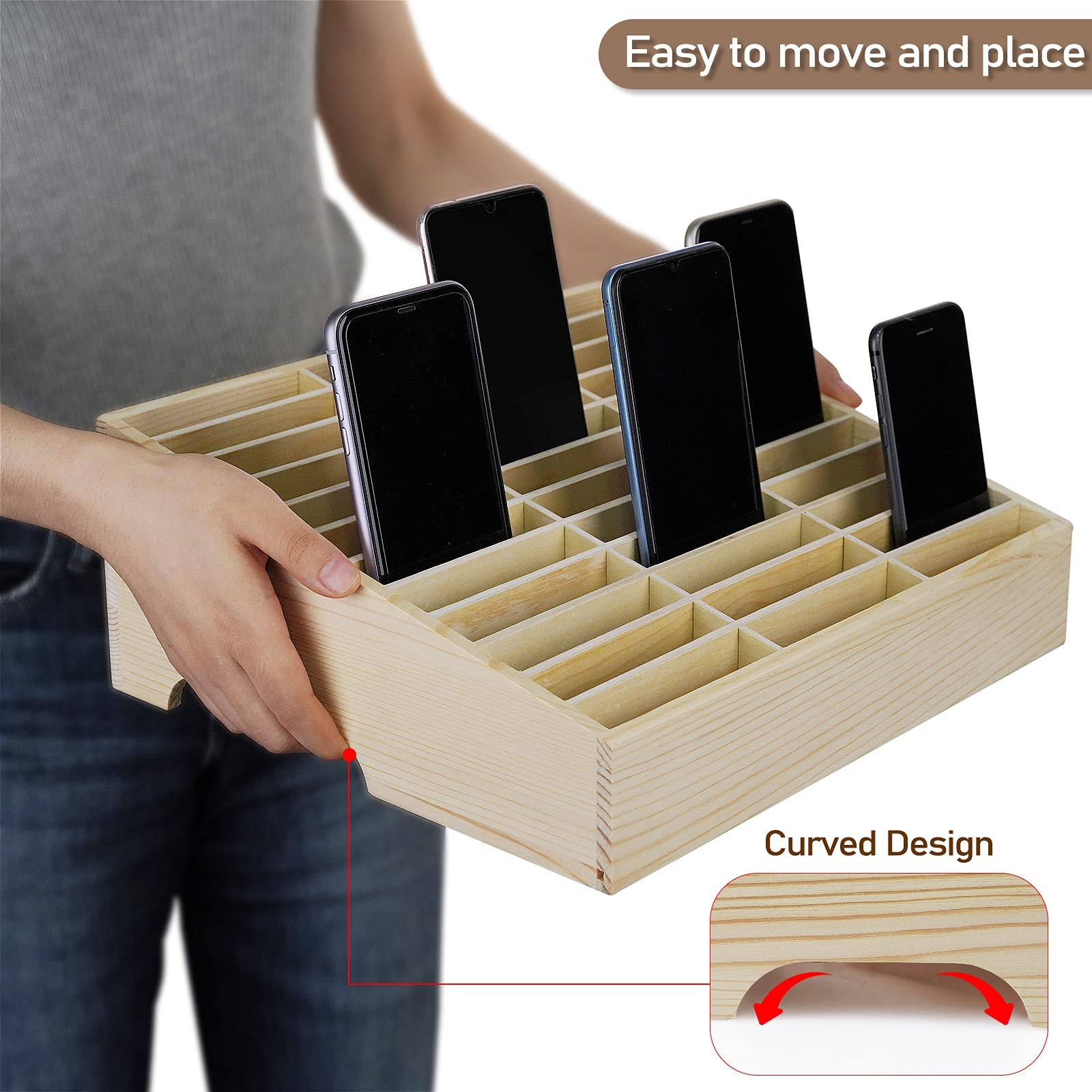 Ozzptuu 36-Grid Wooden Cell Phone Holder Desktop Organizer Storage Box for Class