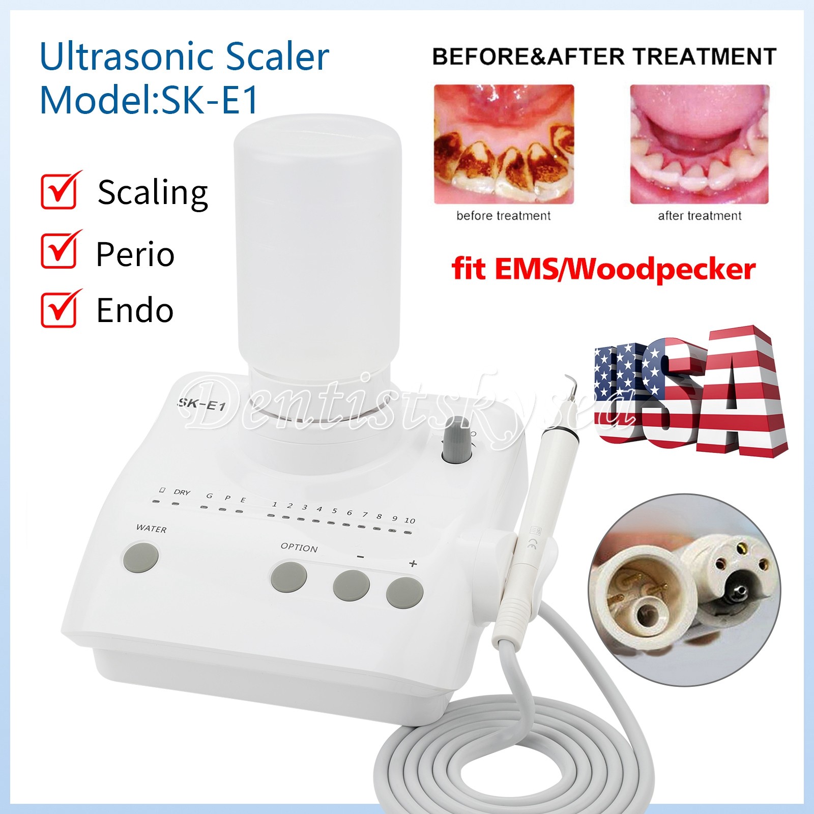 SKYSEA Dental Portable Ultrasonic Piezo Scaler 2*Bottles Tips Fit EMS Handpiece