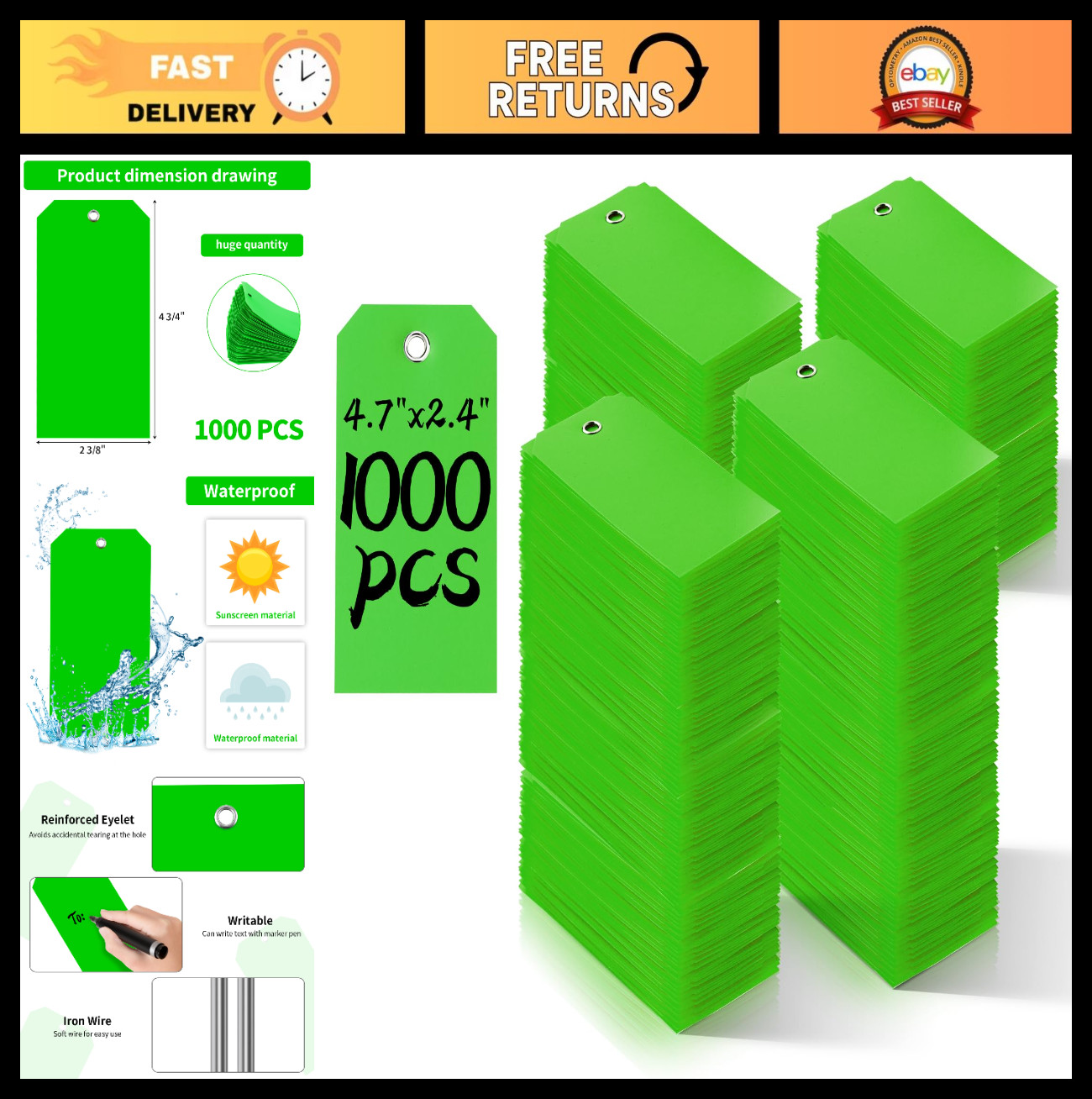 1000 Waterproof Green Plastic Shipping Tags 4.75″ x 2.375″, Writable, Reinforced