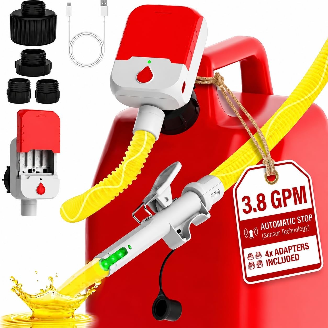 Portable Cordless Fuel Transfer Pump – Auto-Stop, 3.8 GPM, Battery/USB, 51″ Hose