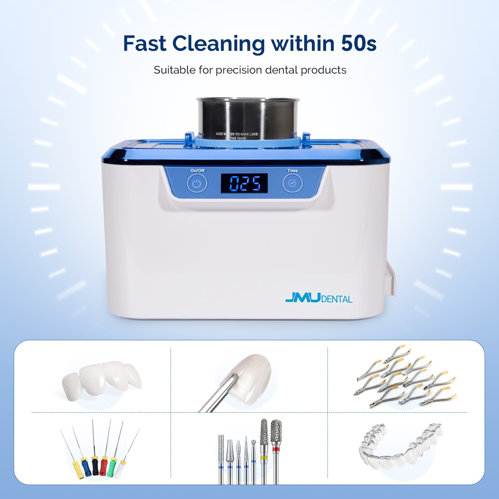 JMU 800ml White Ultrasonic Cleaner Machine For Dentures Burs Dental