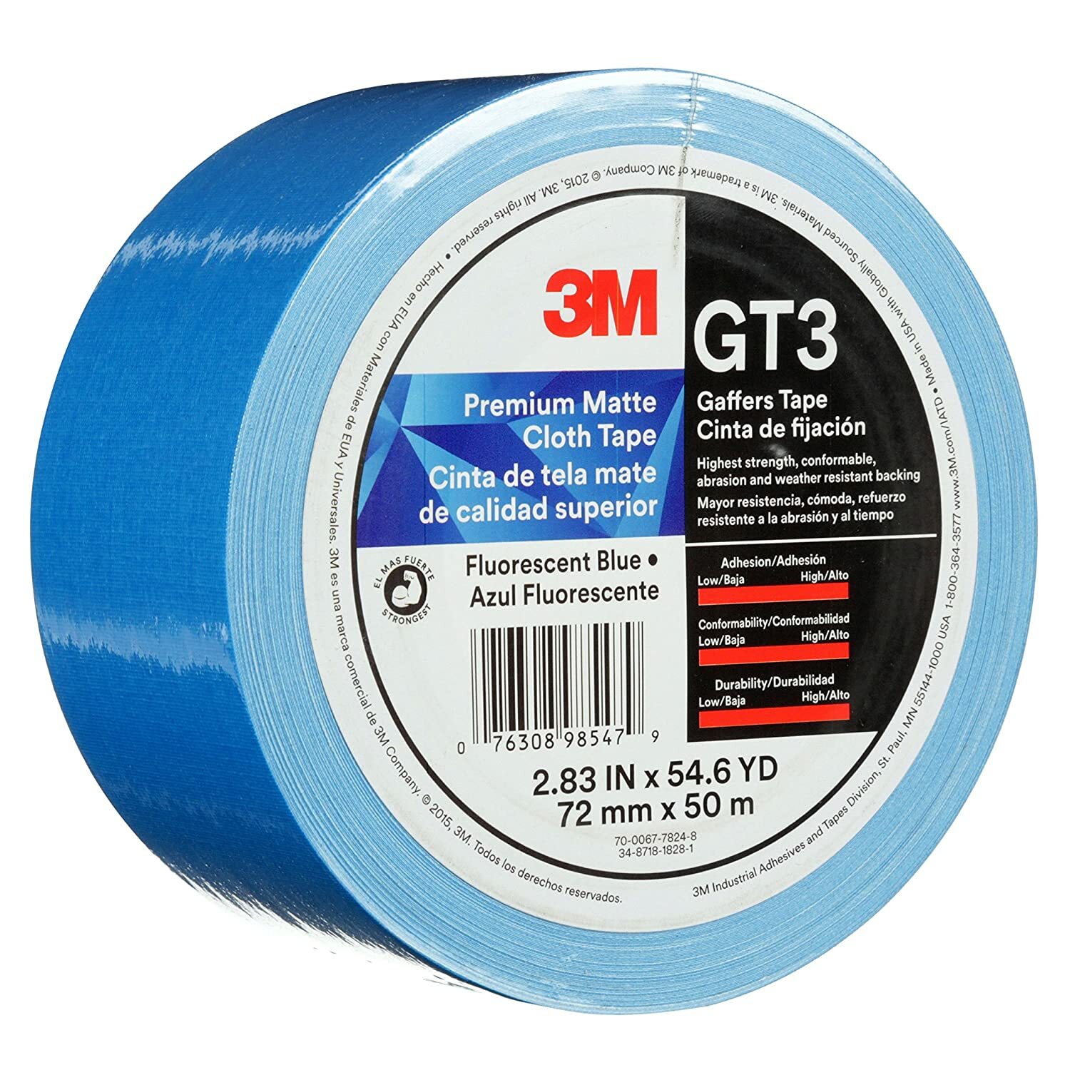 (1 ROLL) 3M Gaffers Tape Fluorescent Blue 3″ x 54.6 YD GT3 Premium Matte Cloth