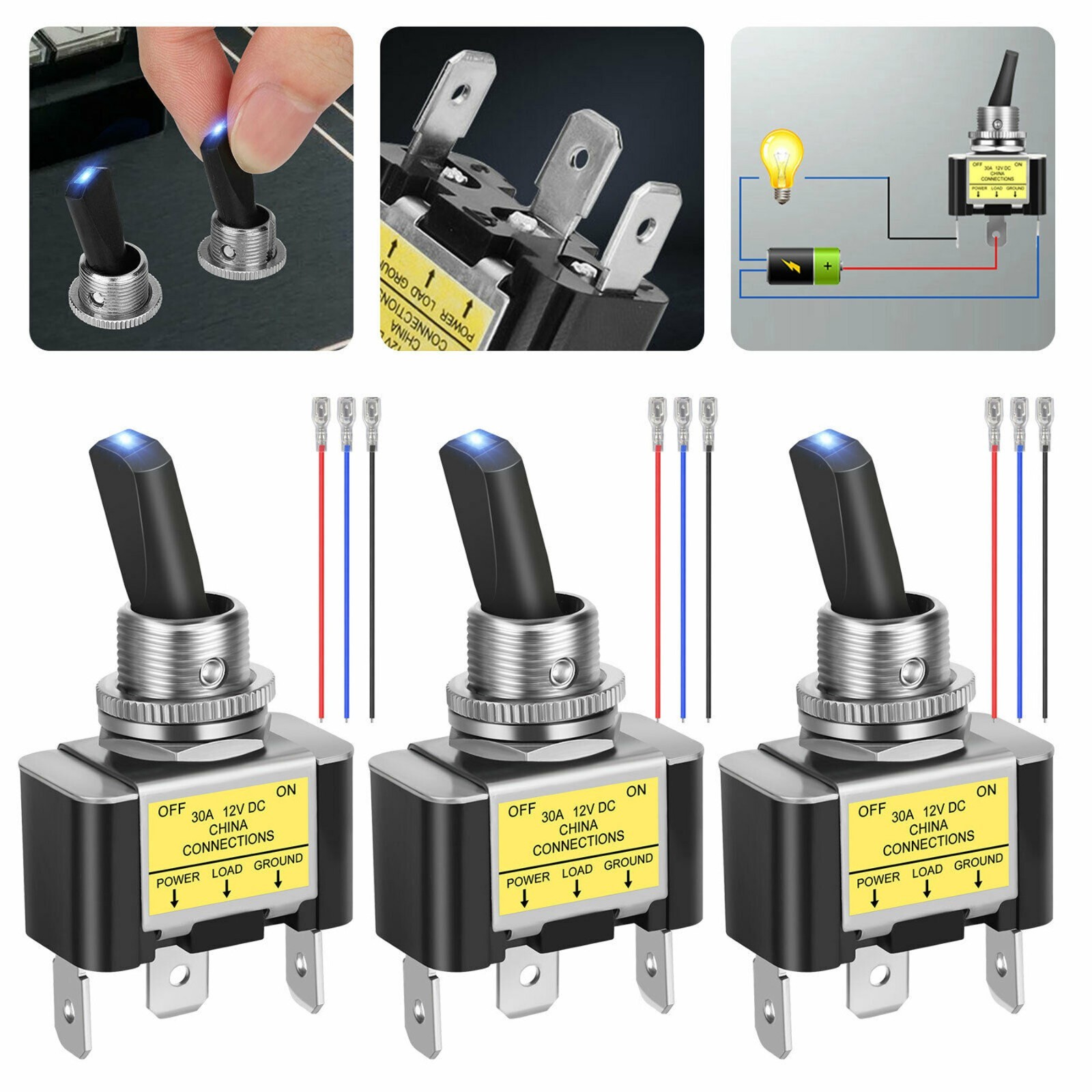 3Pcs 12V 30A Blue LED Light Toggle Rocker ON/OFF Switch 3Pin Marine Car Boat ATV