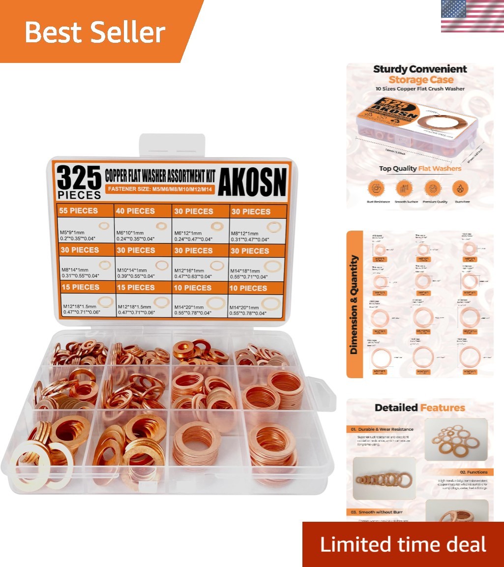 325 PCS Copper Metric Sealing Crush Washers – 10 Sizes for Versatile Use
