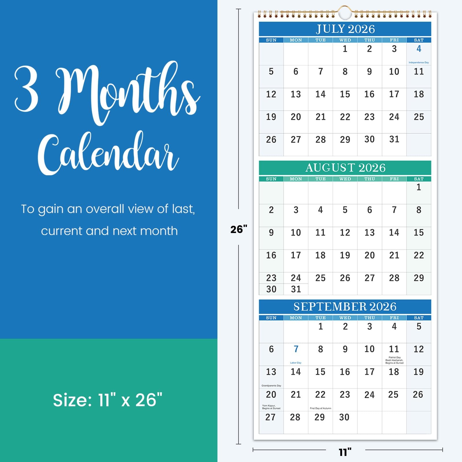 Wall Calendar 2026-2027 – 3 Month Vertical, April 2026 multicolored