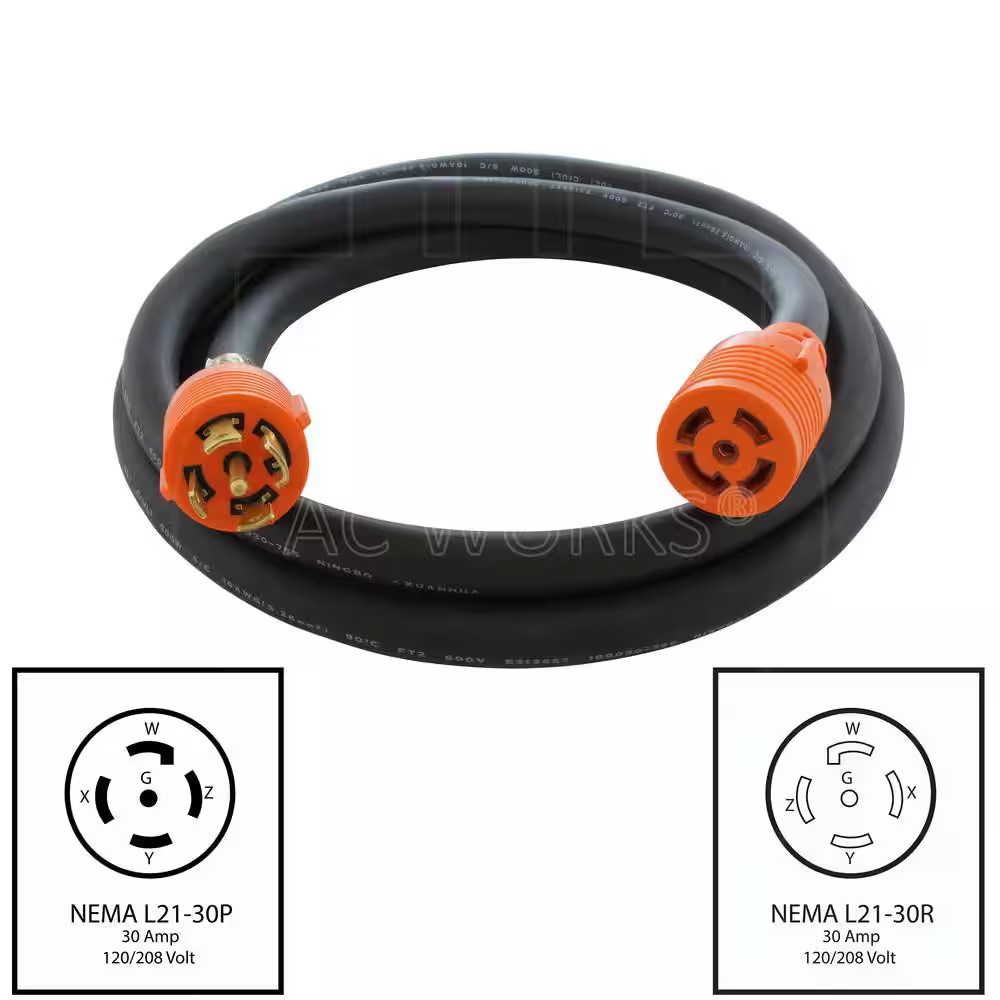 25 Ft. SOOW 10/5 NEMA L21-30 30 Amp 3-Phase 120/208V Industrial Rubber Extension