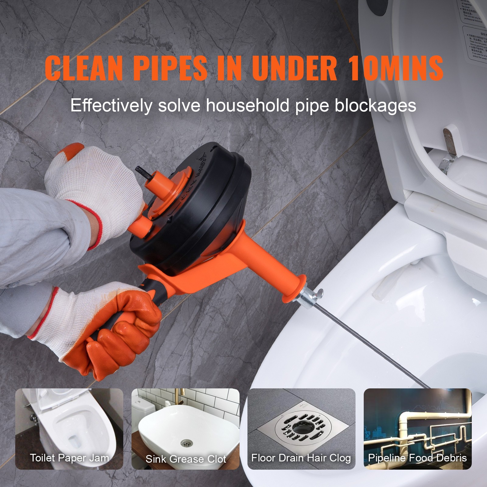 VEVOR Drain Clean 25ft 1/4″ Drum Plumbing Drain Snake Clog Remover Manual-feed