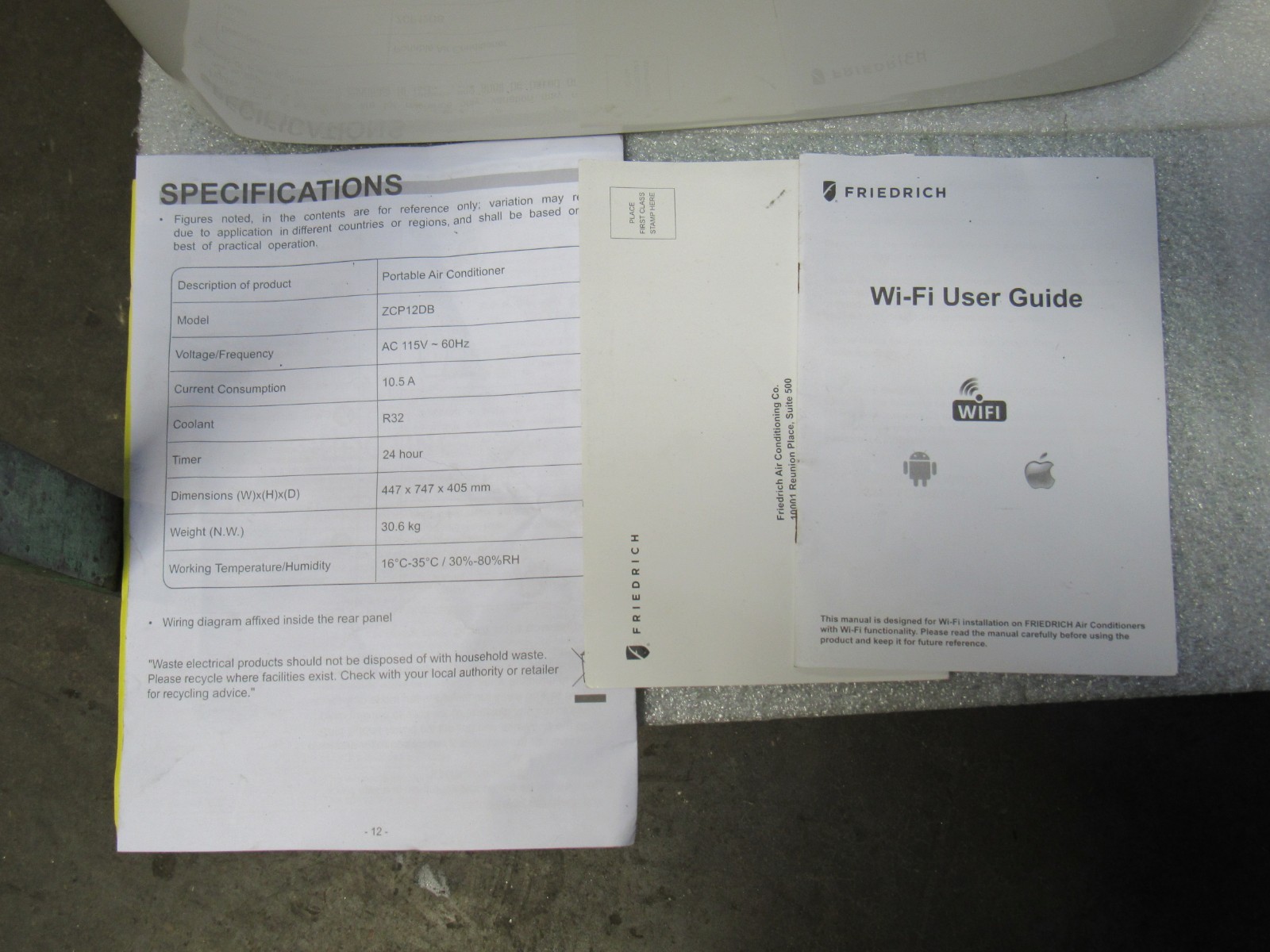 Friedrich zcp12db Portable Air Conditioner 7500-11000BTU 115V 1Ph **No Remote**