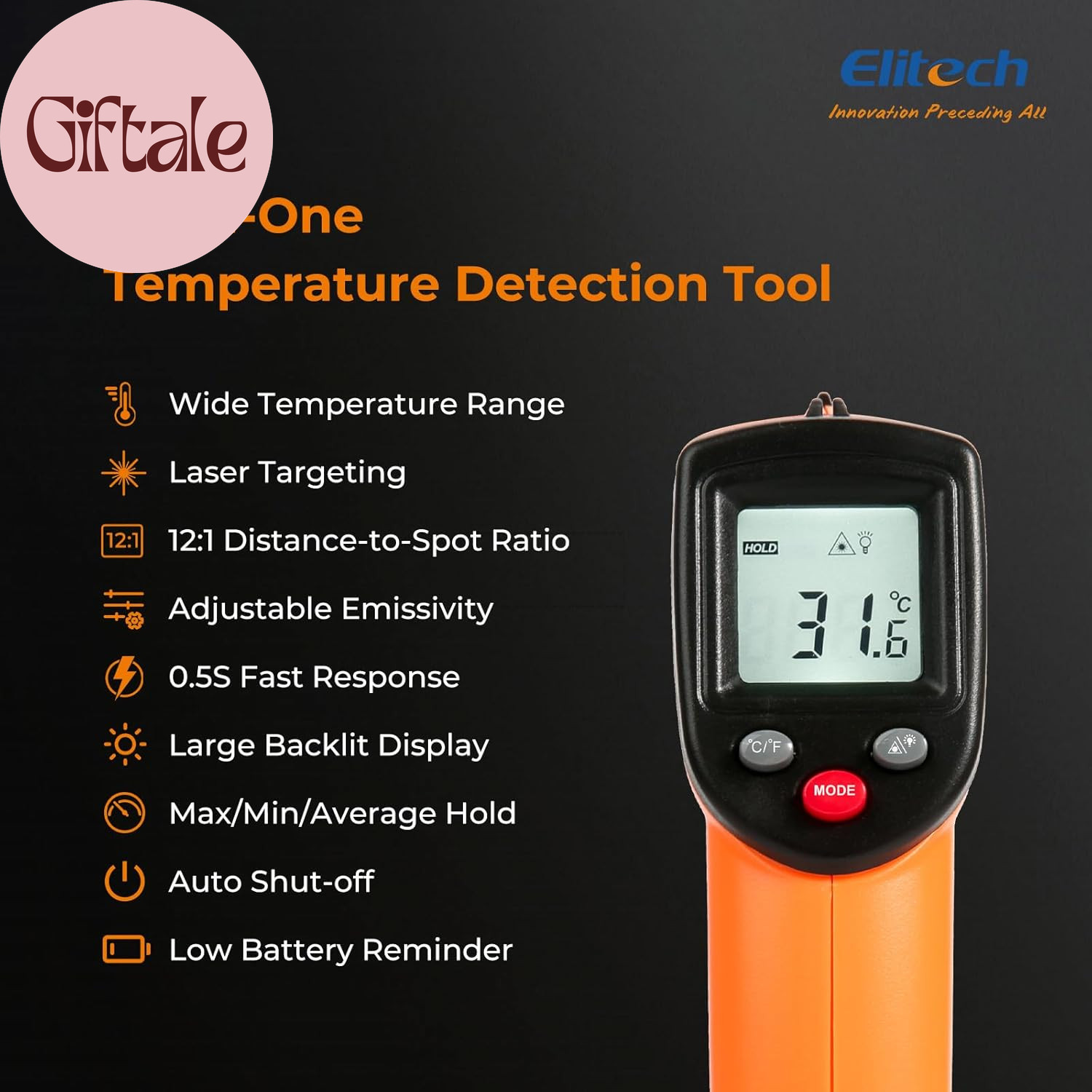 Laser Temperature Gun, Non-Contact Digital Infrared Thermometer, Adjustable Emis