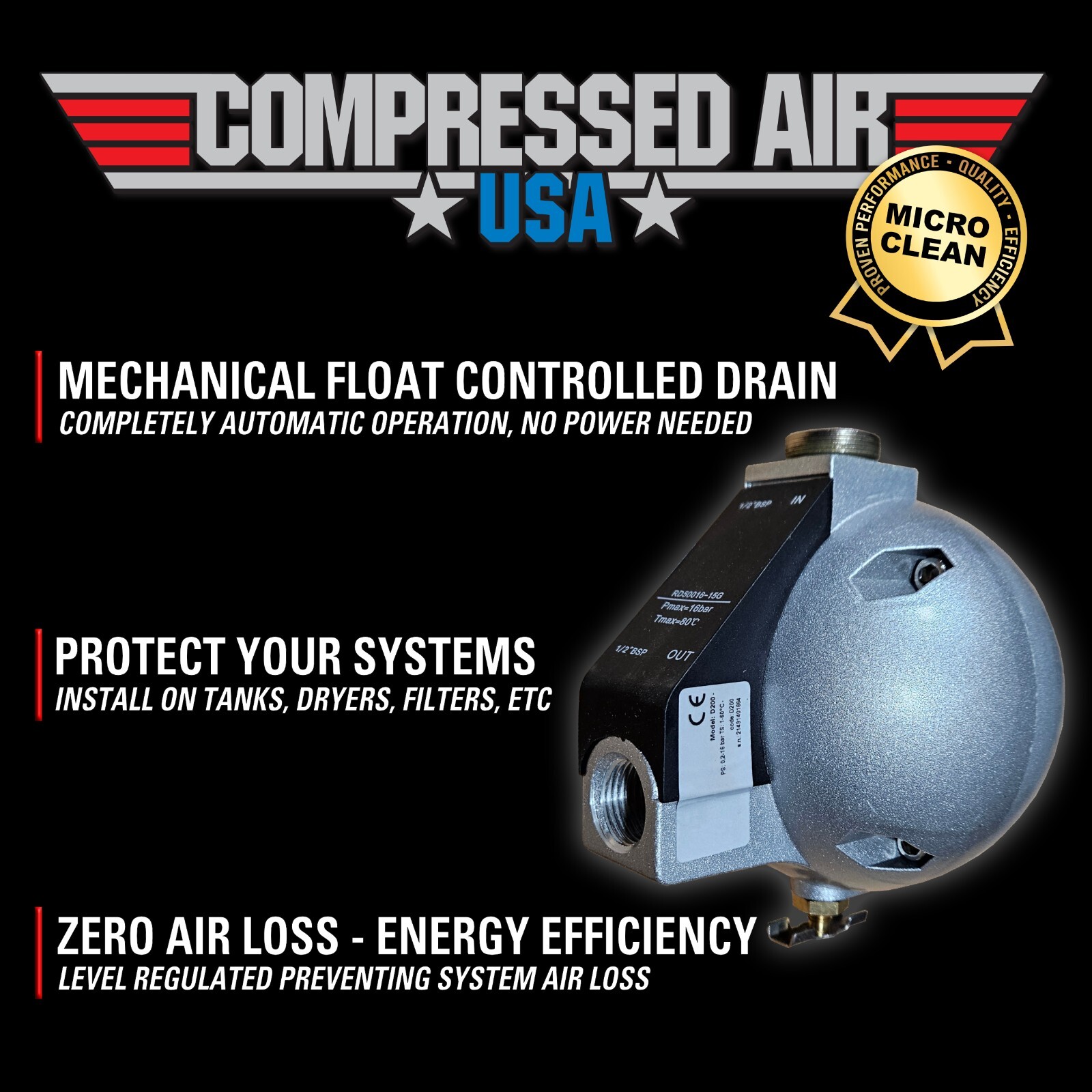 Micro Clean Automatic Zero Air Loss Condensate Drain (1/2″) Fully Automatic