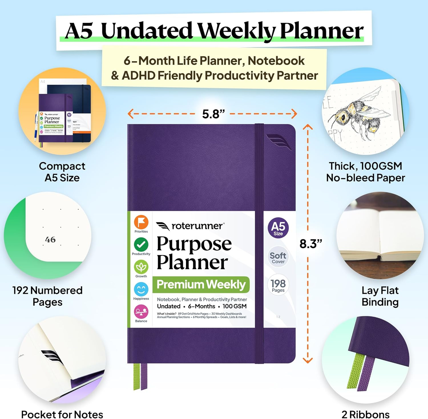 Roterunner Purpose Planner Notebook A5 5.8”x8.3” Undated 2026 Daily Weekly and M