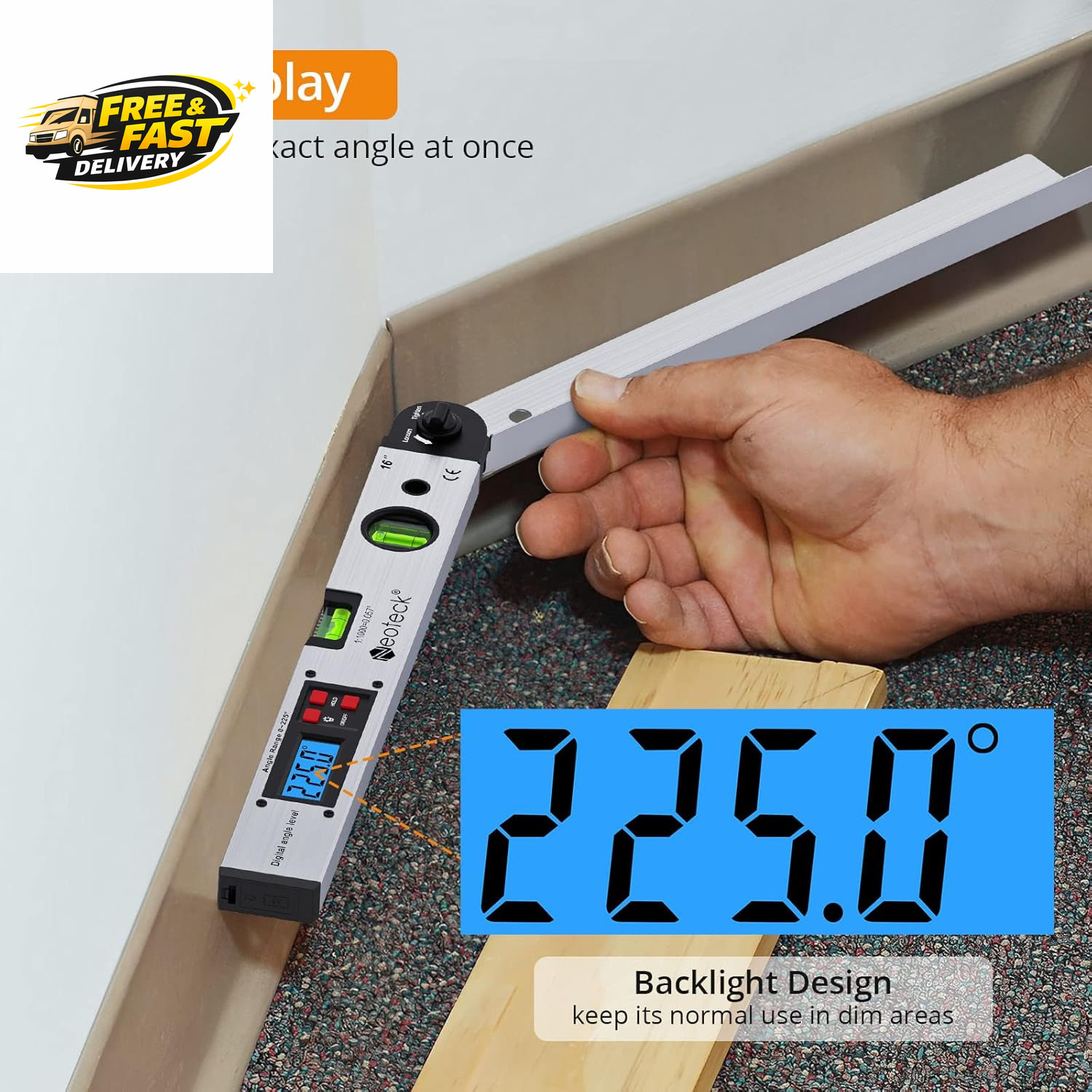 Aluminum Digital Angle Finder Protractor 225° 16 Inch Backlit LCD Digital with H