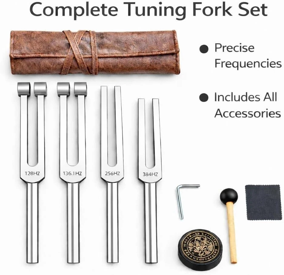 Tuning Forks for Healing Set (128Hz, 136.1Hz, 256Hz & 528Hz) – for Meditation