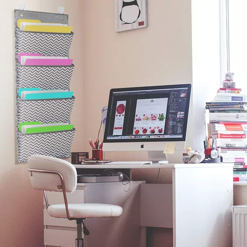 Wall Mount/Over Door File Hanging Storage Organizer – 4 Large Document Organi…