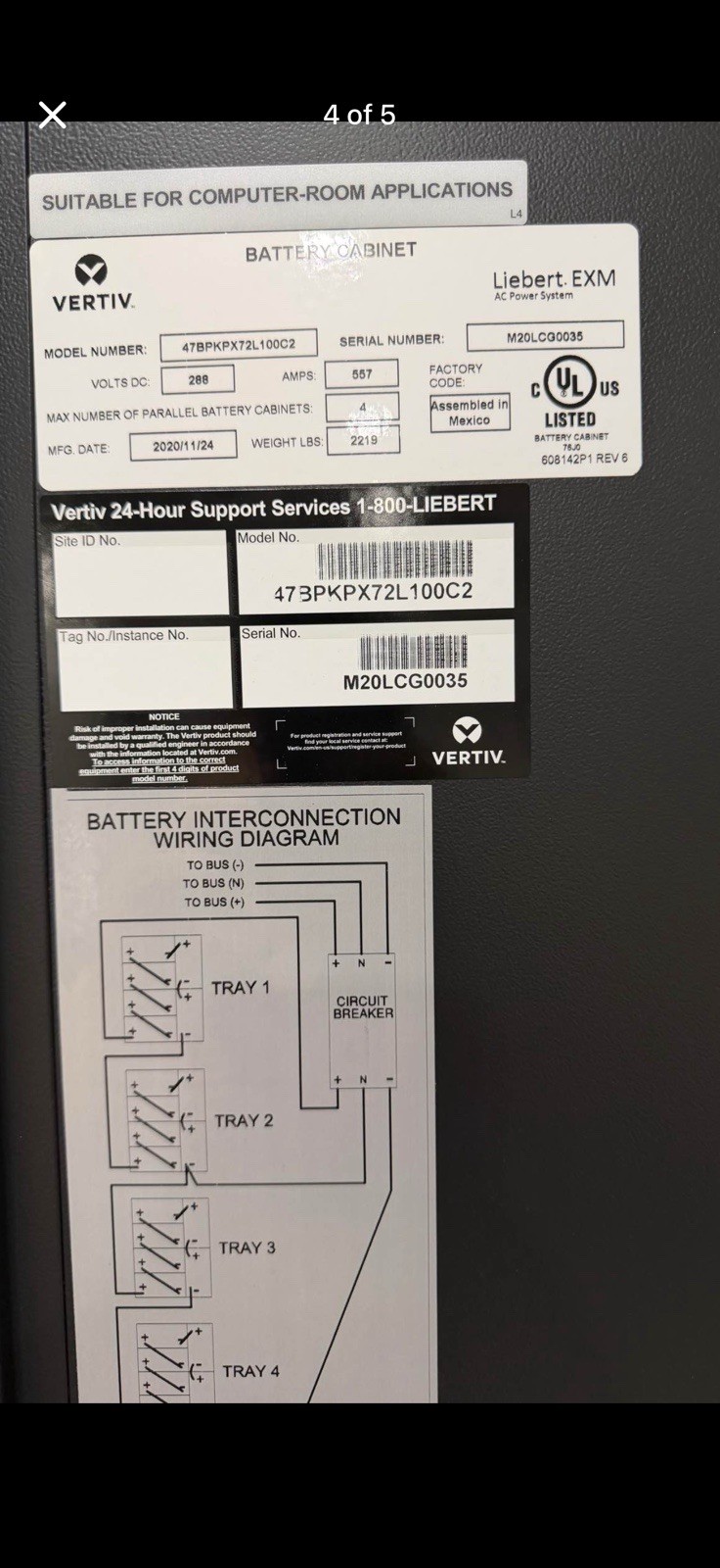 Vertiv Liebert EXM Battery Cabinet 288VDC 24 Lead-Acid 300Ah Vertiv Liebert EXM