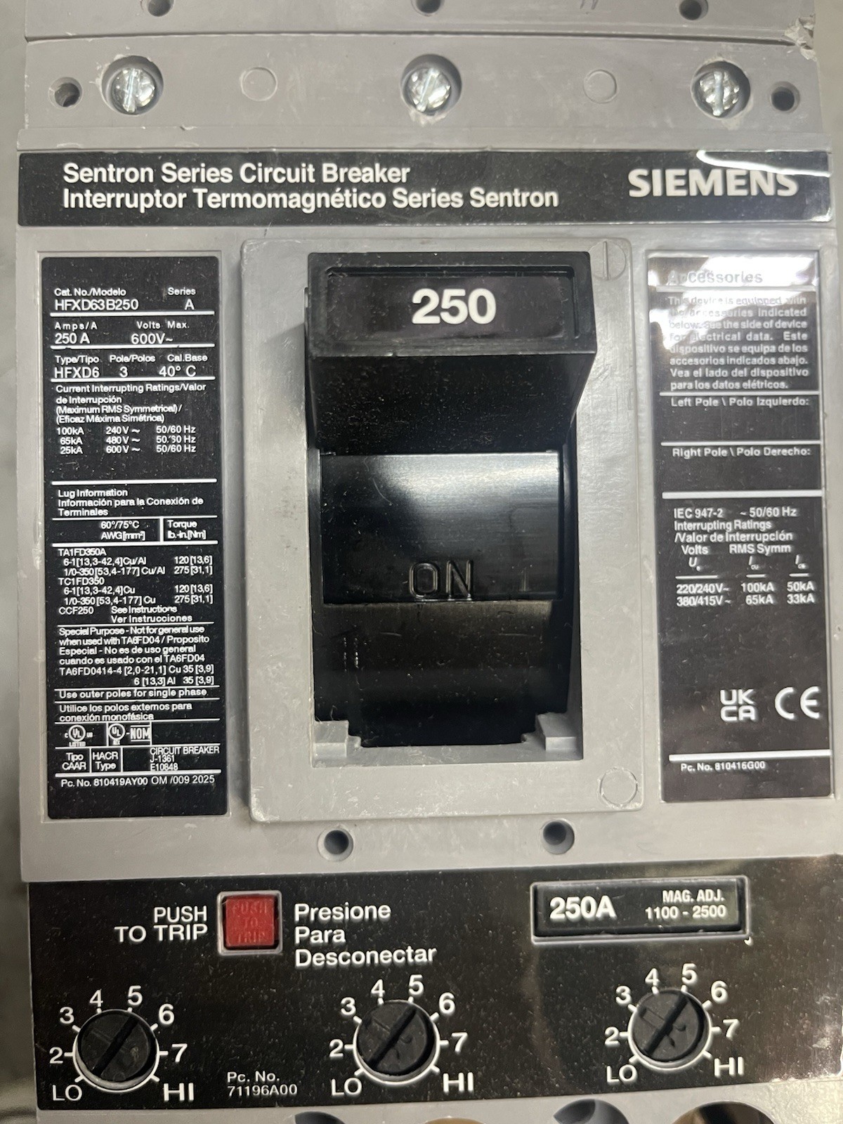 Siemens HFXD63B250 New In Box 3 Pole 250
