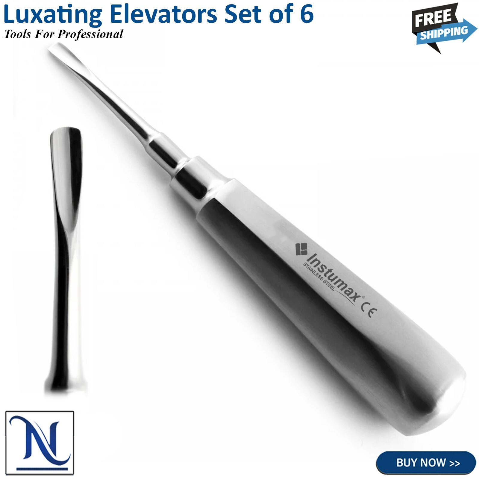 Set Of 6 Dental Luxating Elevators Straight Curved Shank Surgical Extraction Kit