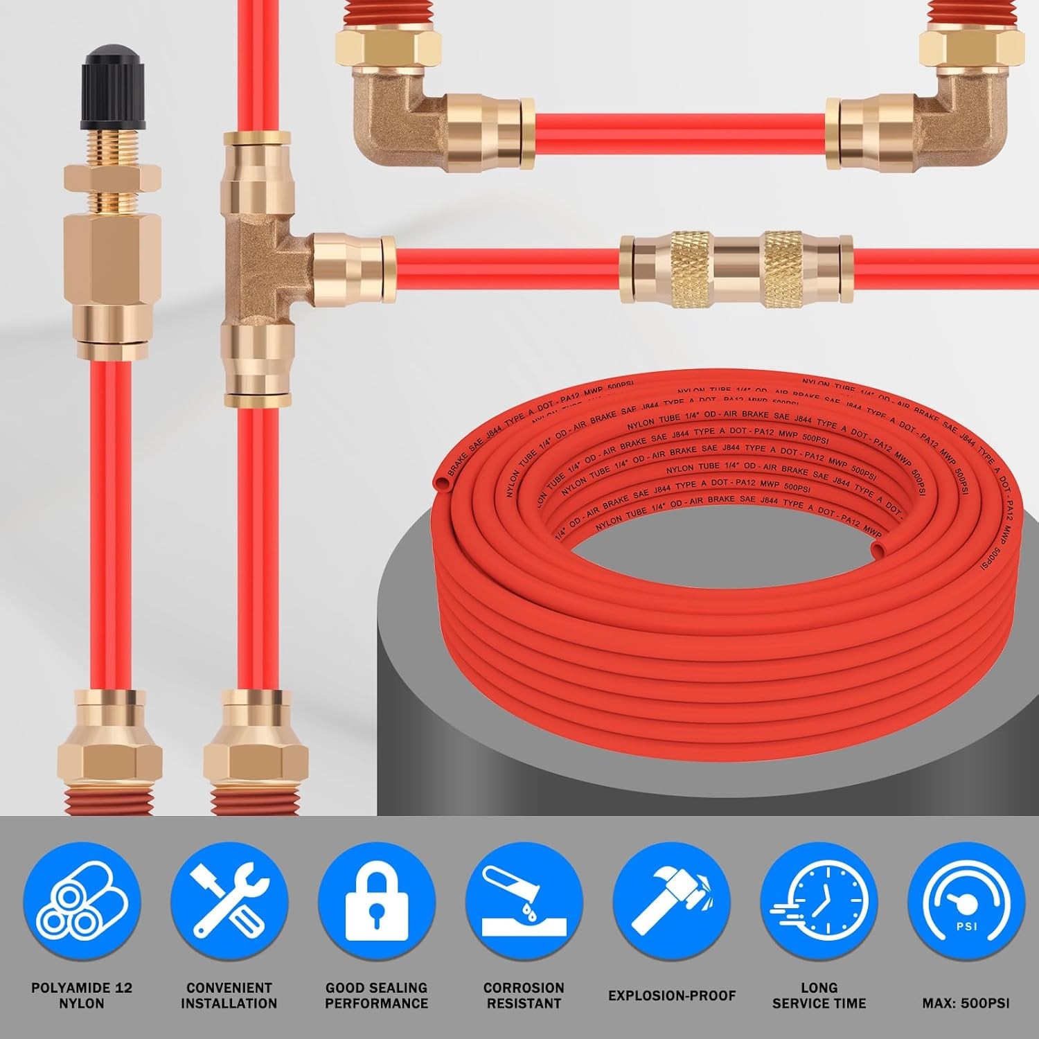 100FT 1/4″ DOT Air Line 34Pcs Brass DOT Air Line Fittings Kit 30.5M Red Air Line