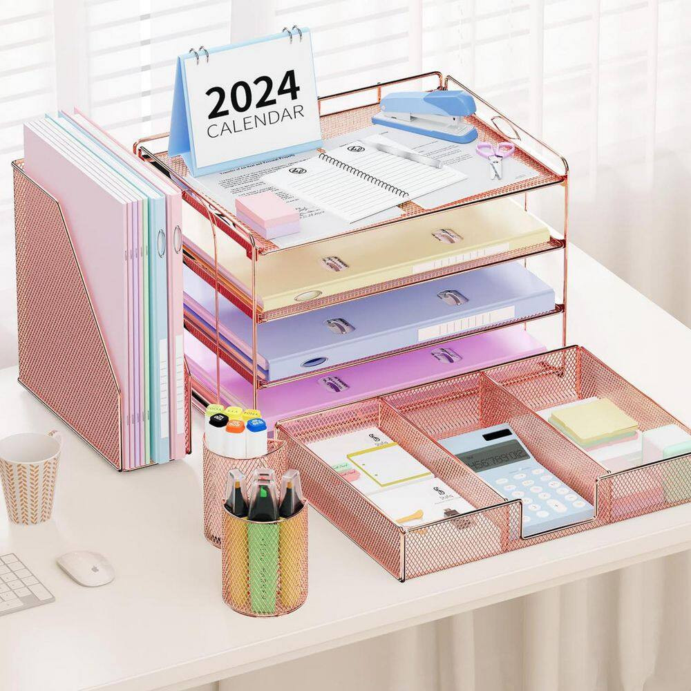 15.5 in X 9.3 in Pink Metal 4-Tier Desktop File Organizer with Drawer and 2 Pen