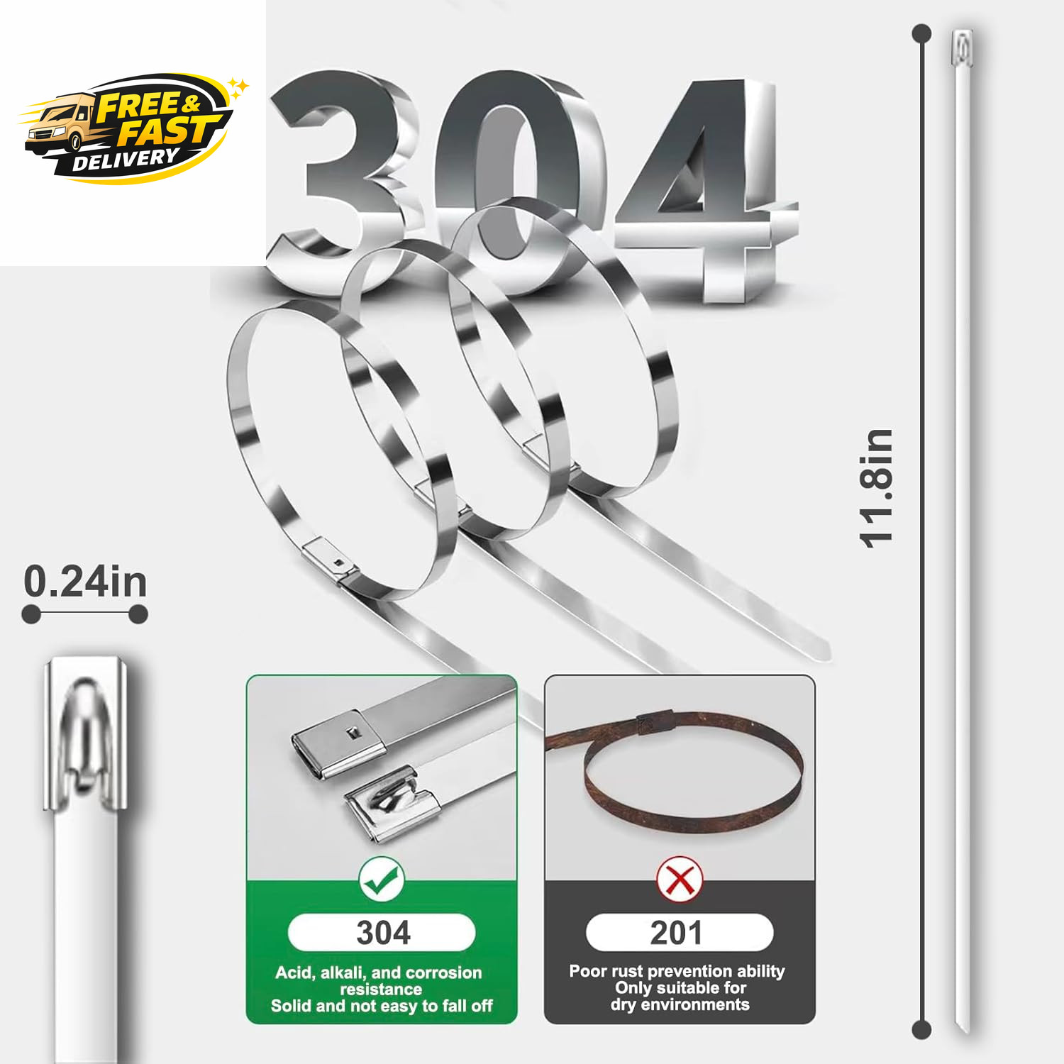 100-Pack Metal Zip Ties 11.8 Inch, Heavy Duty 304 Stainless Steel Self-Locking