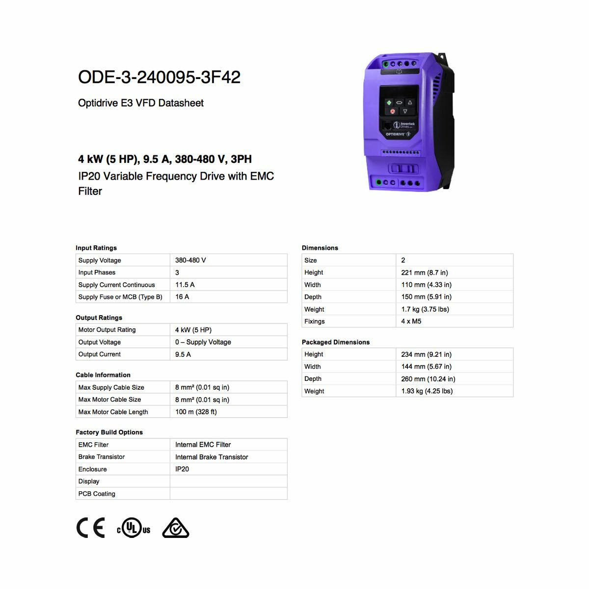 ODE-3-240095-3F42 – Invertek VFD – 5HP 9.5A 380V-480V 3Ph/3Ph – VFDexchange