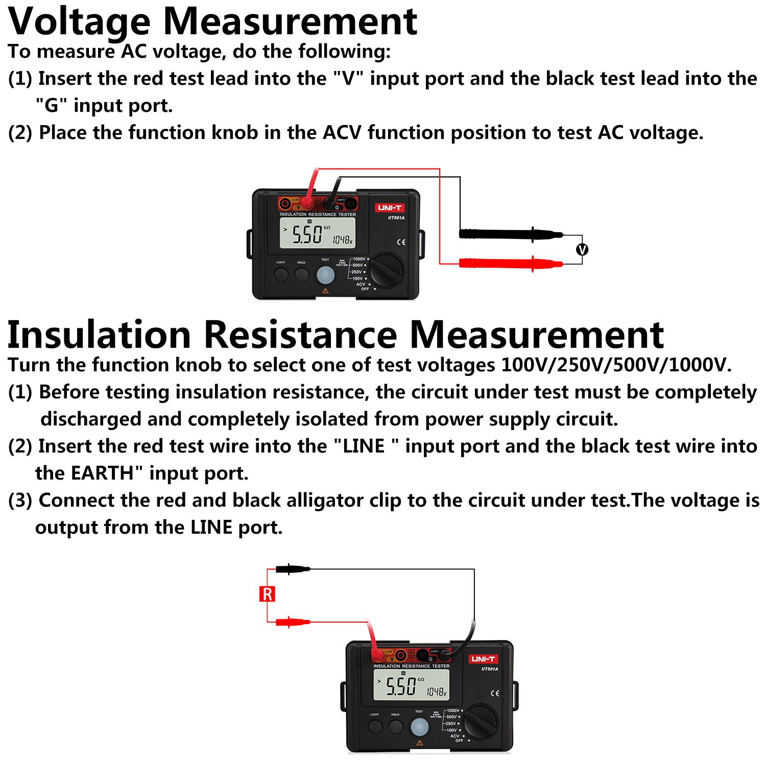 UT501A 1000V Megohmmeter Insulation Tester with 2000 Counts LCD Display