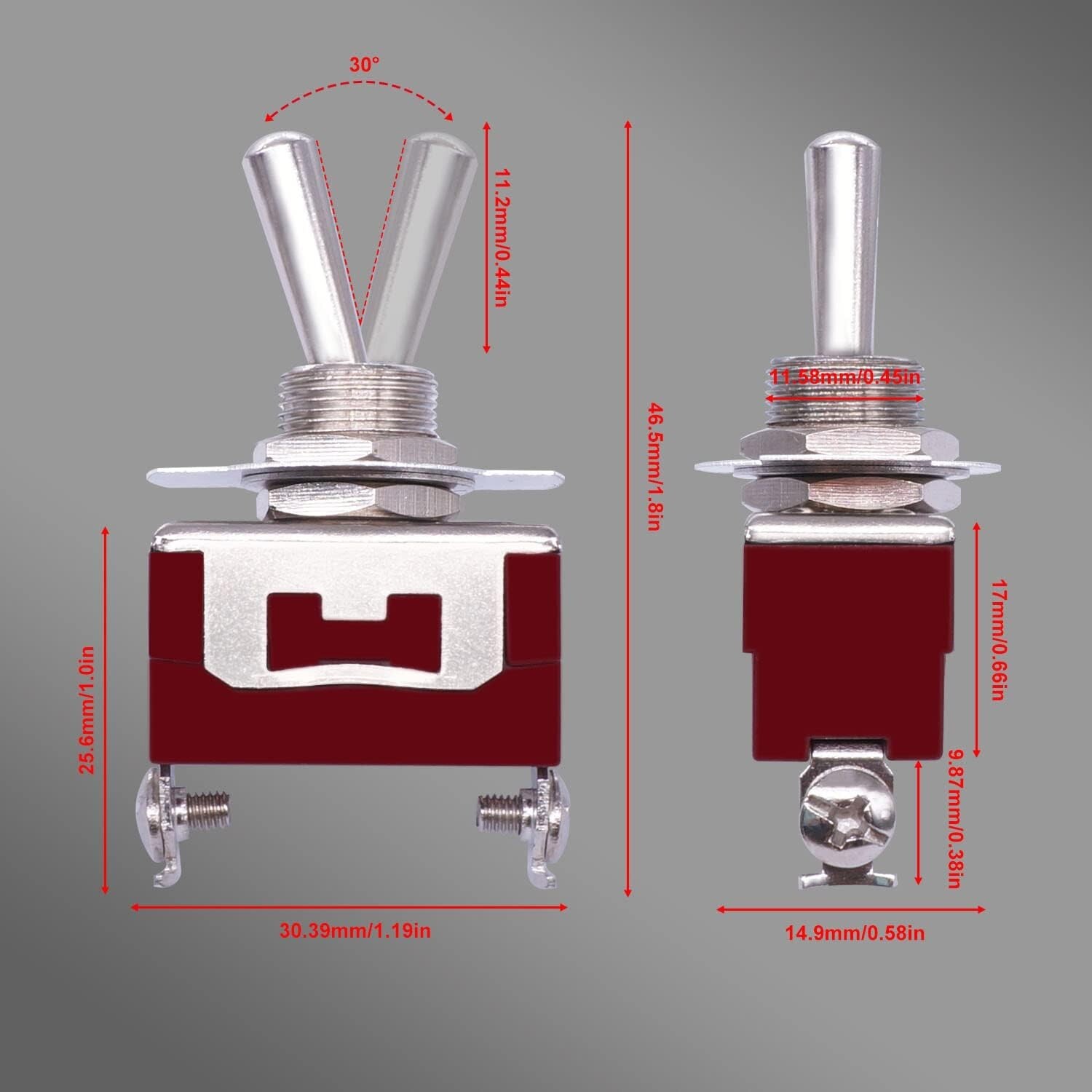 1X Toggle Switch On-Off Standard 12 mm 15A 250V AC SPST Car Dash Boat 2Pin