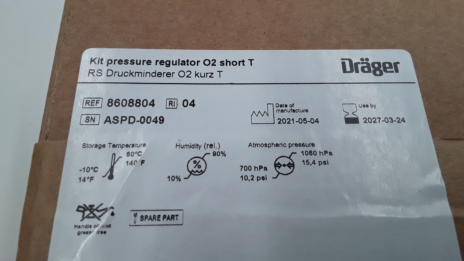 Drager Pressure Regulator O2 Short T Kit REF 8608804