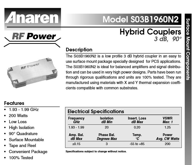 QTY (5) S03B1960N2 RF POWER 1.93-1.99Ghz 3dB SMD HYBRID COUPLER NOS