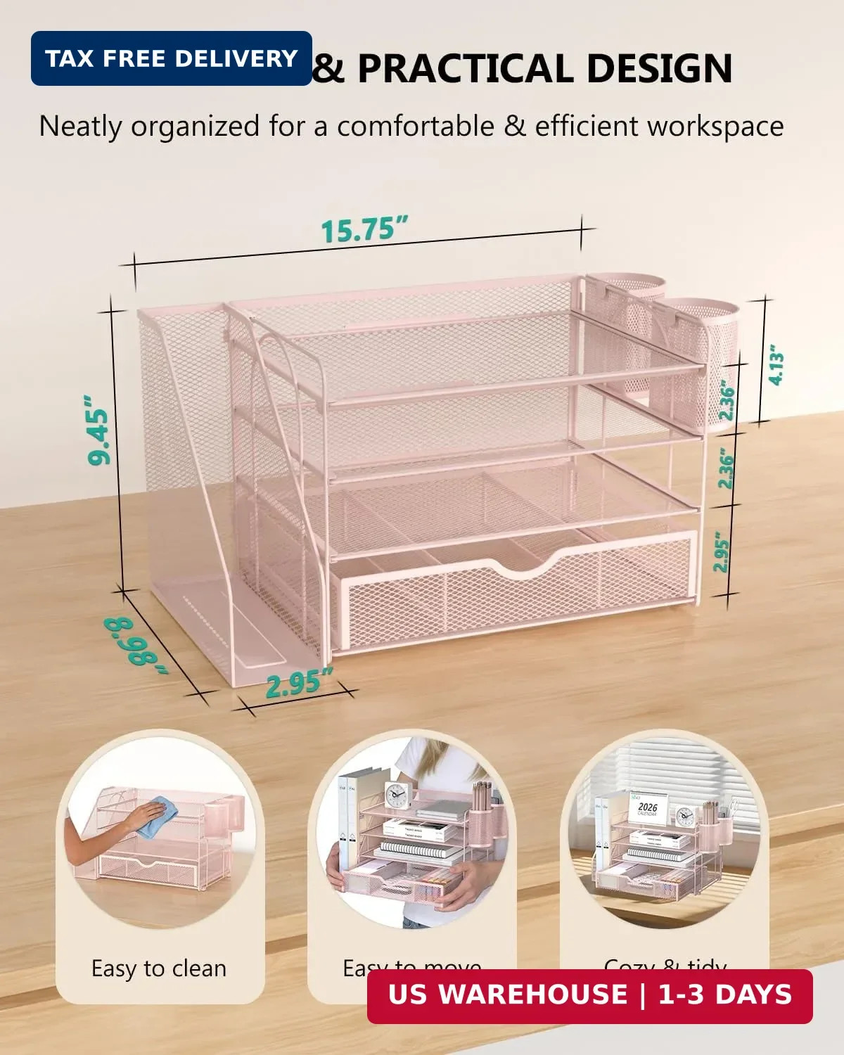 4 Tier Desktop File Organizer Letter Tray with Drawer Pen Holders Pink Office