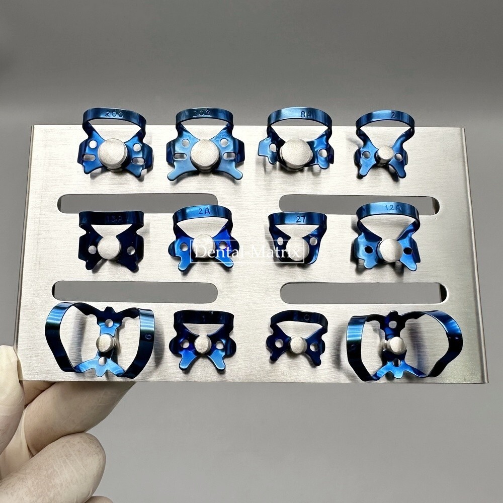 Endodontic Rubber Dam Clamps Blue With Sliver Tray Dental Endo Lab Instruments