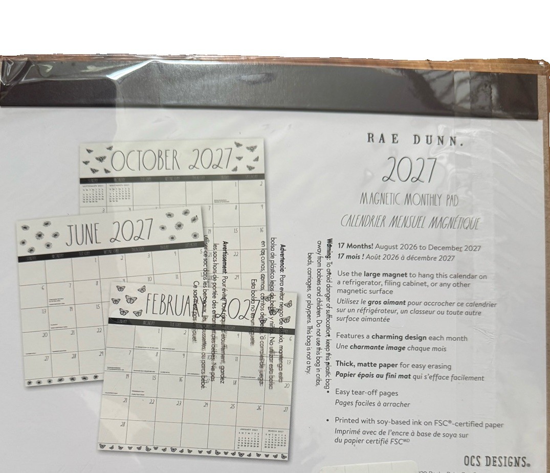 2027 Magnetic Pad Calendar Rae Dunn 17 Months Bee Design Aug 2026- Dec 2027