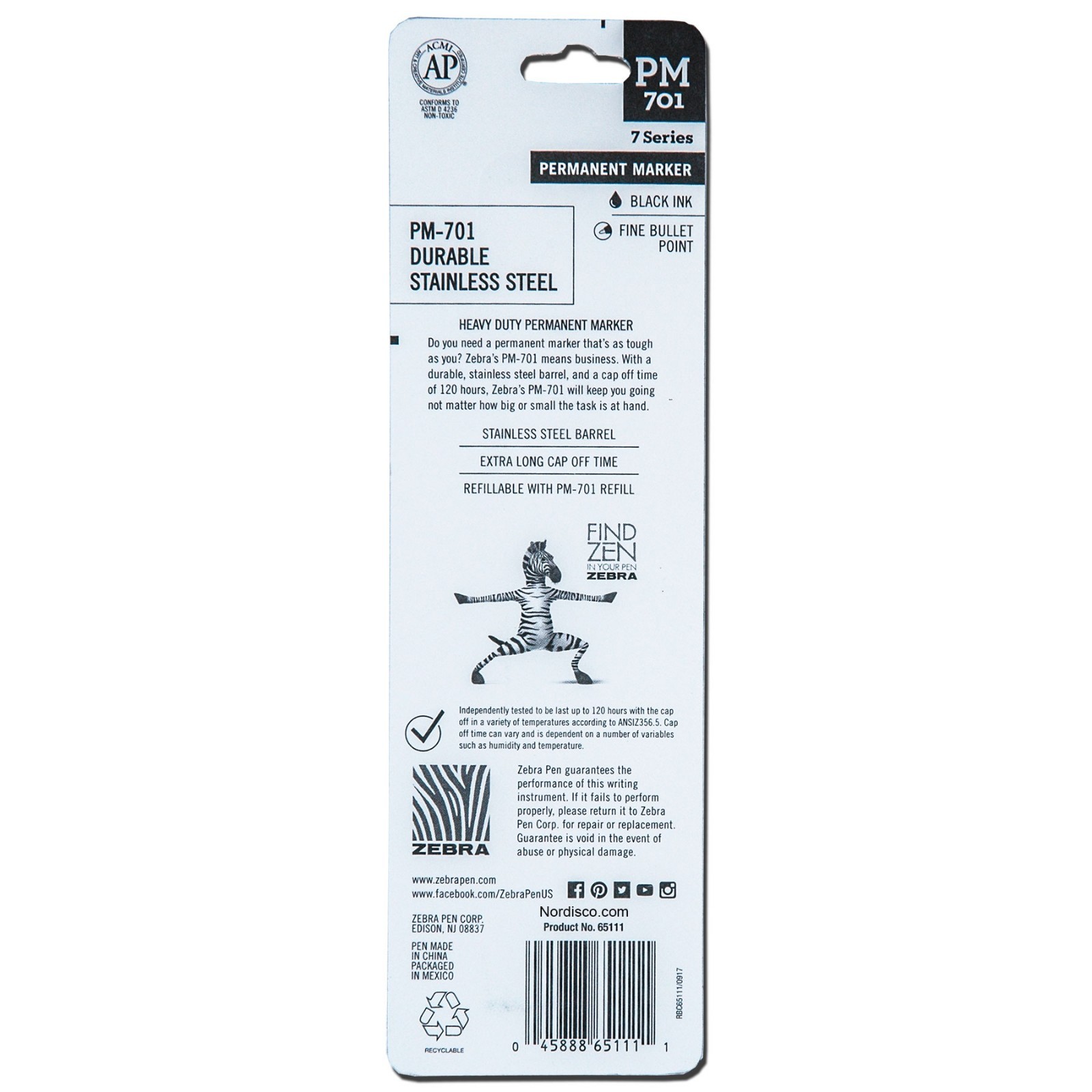 Zebra 65111 PM-701 Black Ink Stainless Steel Permanent Marker With Refills