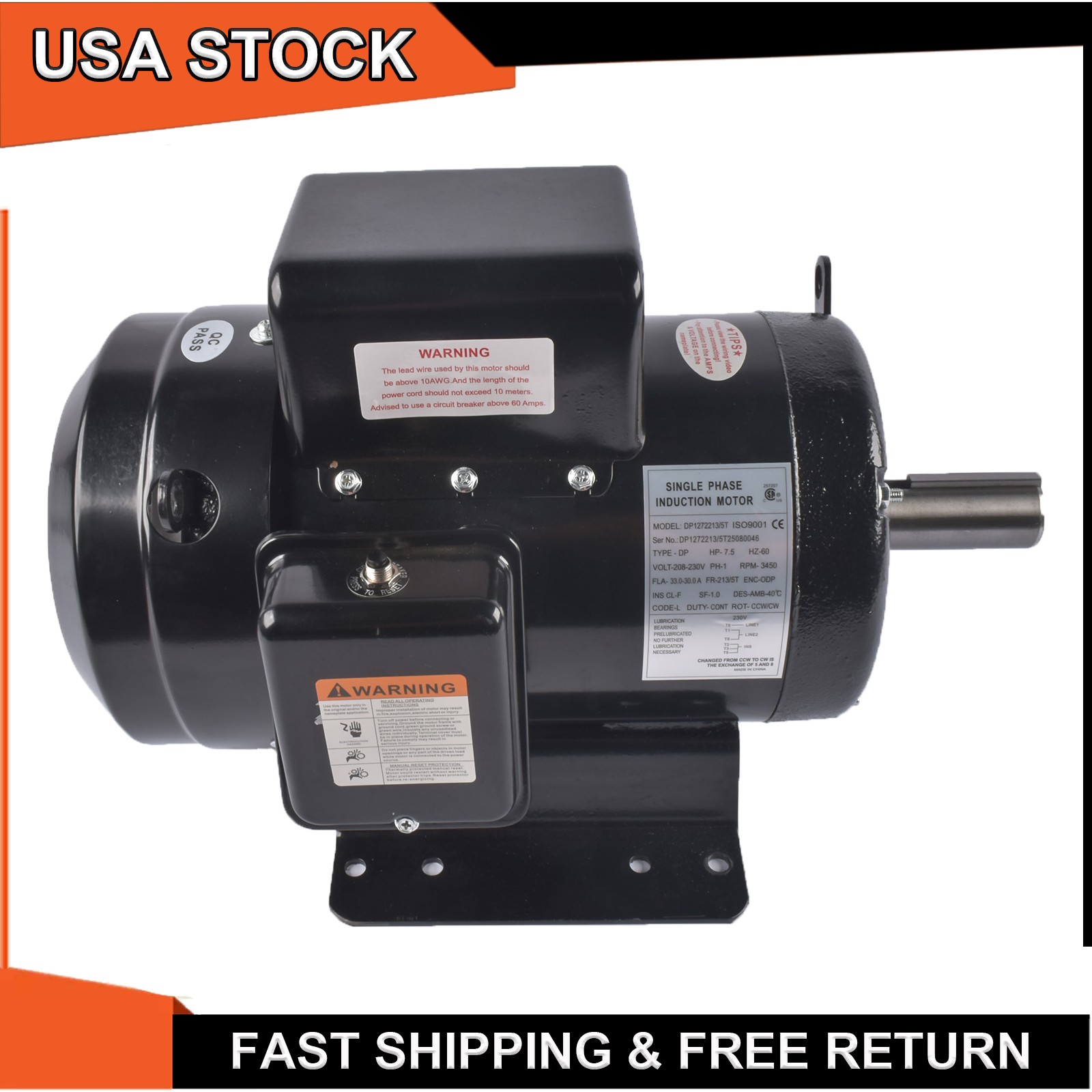7.5HP Air Compressor Motor fits for Ingersoll Rand Single Phase 230V 3450RPM