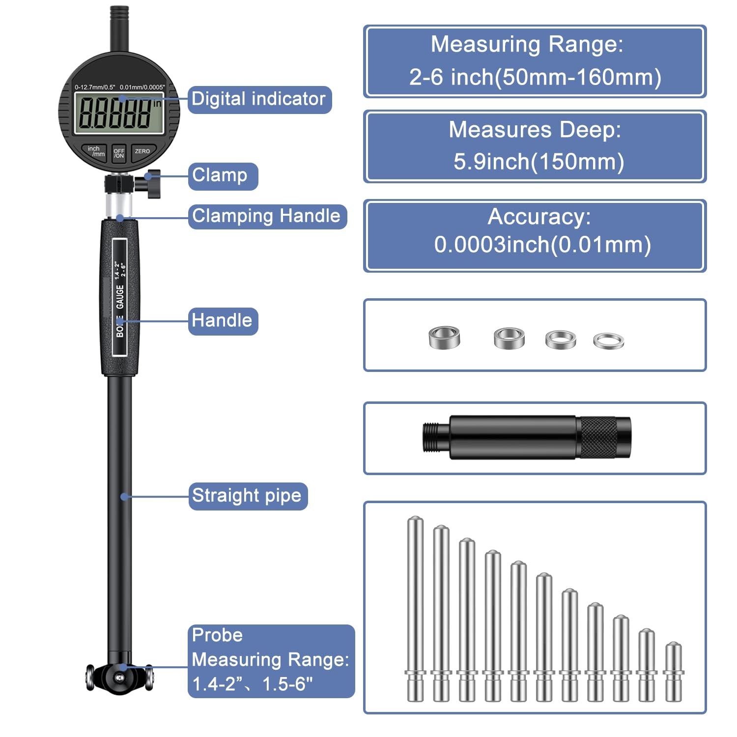 HDLNKAK Digital Dial Indicator Bore Gauges (2″-6″/0.0005″), Engine Cylinder M…