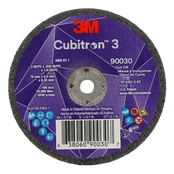 3M Cubitron 90030 Abrasive Cut-Off Wheel, Type 1, 3 In Dia, 0.035 In Thick, 1/4