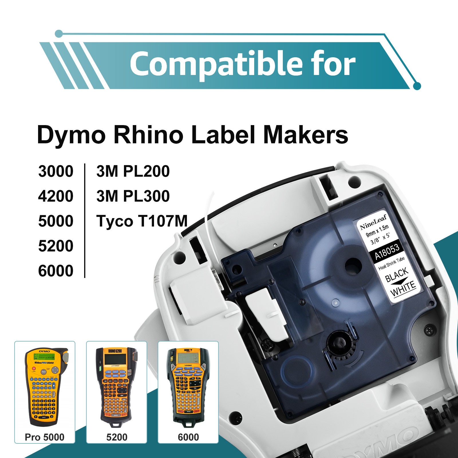 For DYMO Rhino 4200/5200 Heat-Shrink Tube 18053 Industry Label Tape 3/8″ x 5′