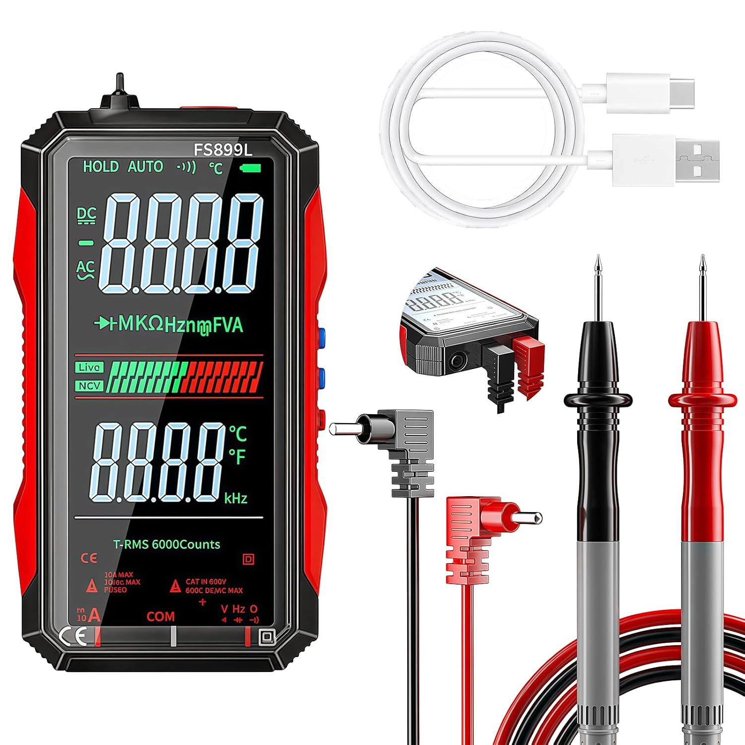 True RMS AC/DC Voltage Tester, Fs899L Digital Multimeter, USB C Rechargeable