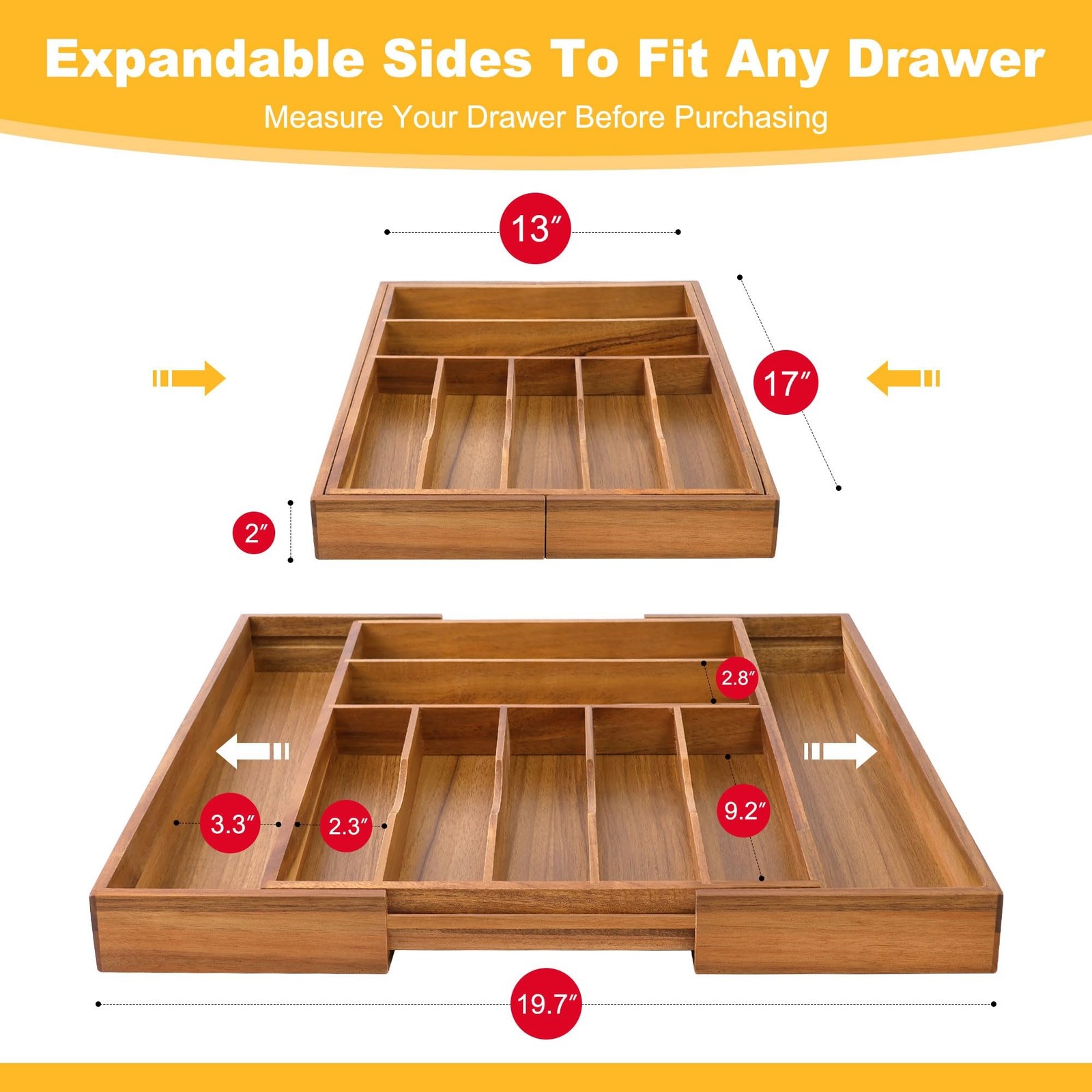 Large Premium Acacia Silverware Organizer – Expandable Drawer Organizer & Ute…