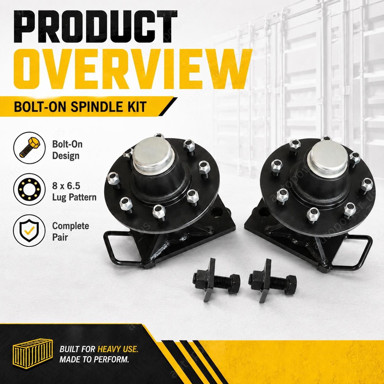 8 x 6.5 Lug – 9000LB Shipping Container Wheels Bolt-on Spindle Kit Pair