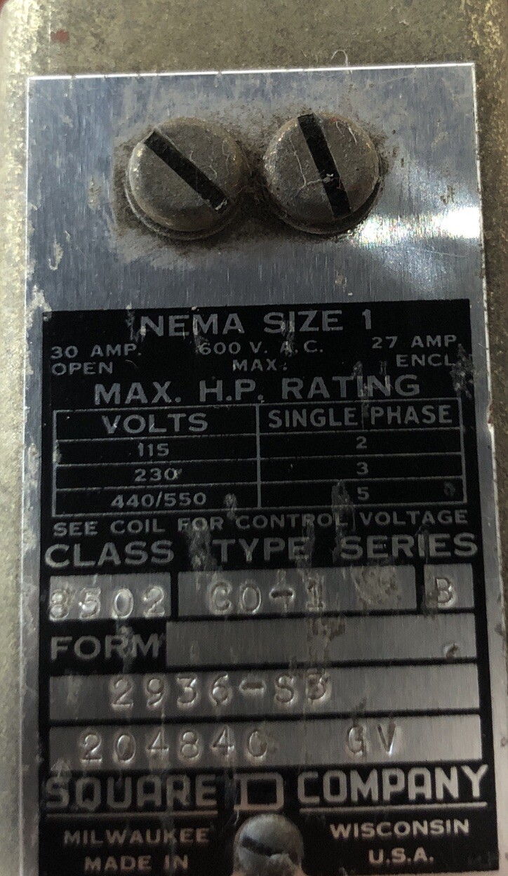 Square D Nema 1 Starter Switch Form Type C0-1 30 Amp 2936-S6 Ser B C25