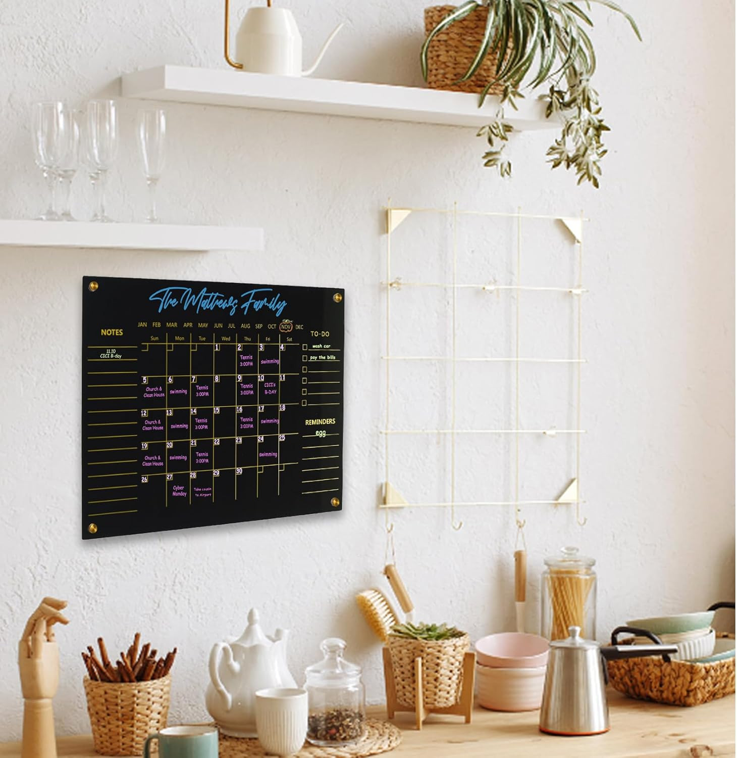 Black Acrylic Calendar Dry Erase for Wall, Family Planner, Monthly Calendar Dry
